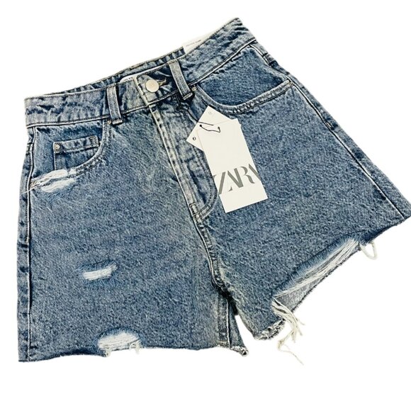 Zara NEW Women’s High Rise Rigid Distressed Shorts Size 2 - Picture 1 of 6